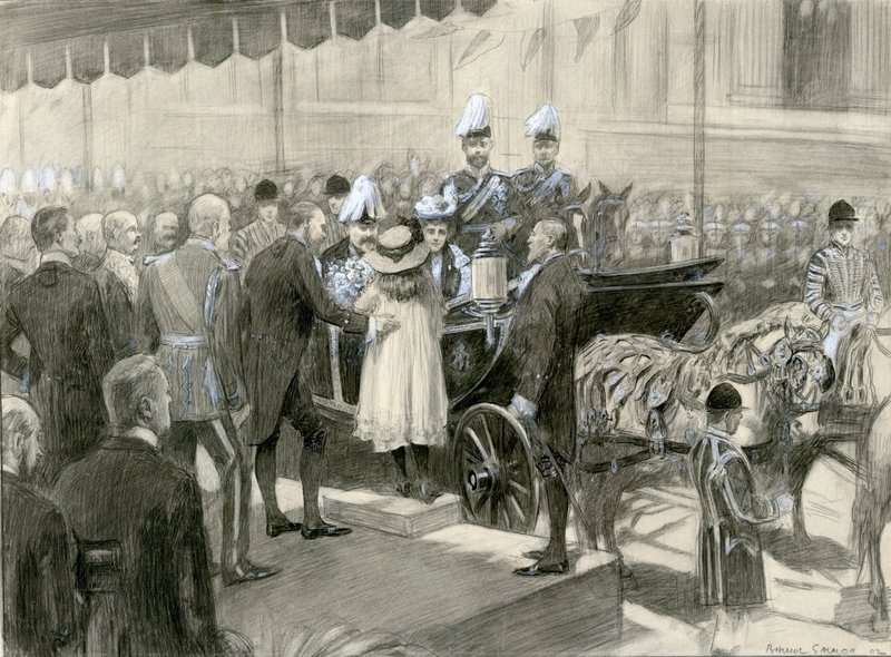 Koning Edward VII en Koningin Alexandra - Stand van de London County Council op Trafalgar Square, 24 oktober 1902 door Balliol (after) Salmon