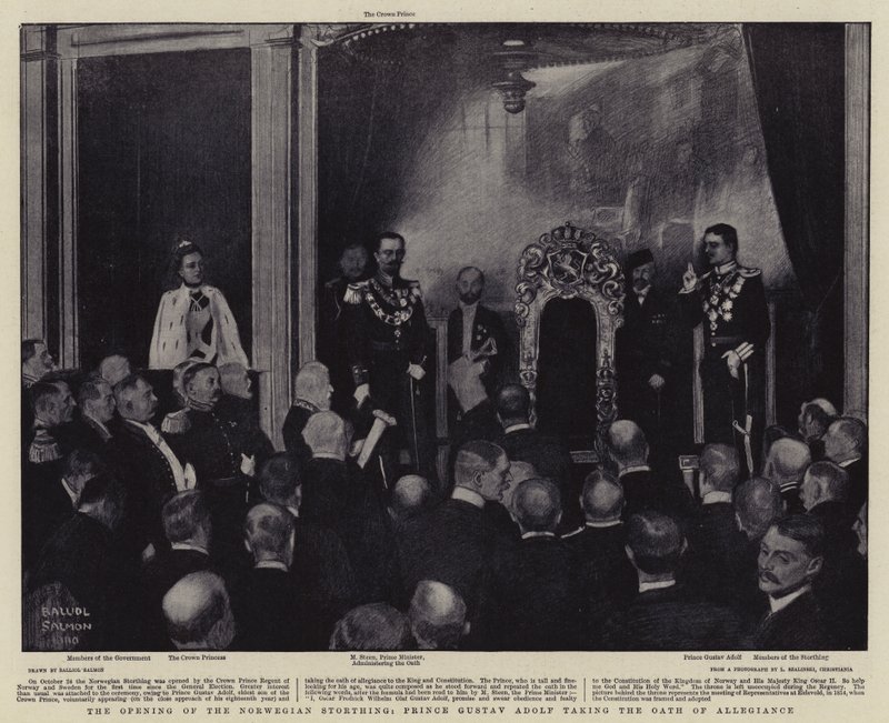 De opening van de Noorse Storthing, Prins Gustav Adolf legt de eed van trouw af door Balliol (after) Salmon