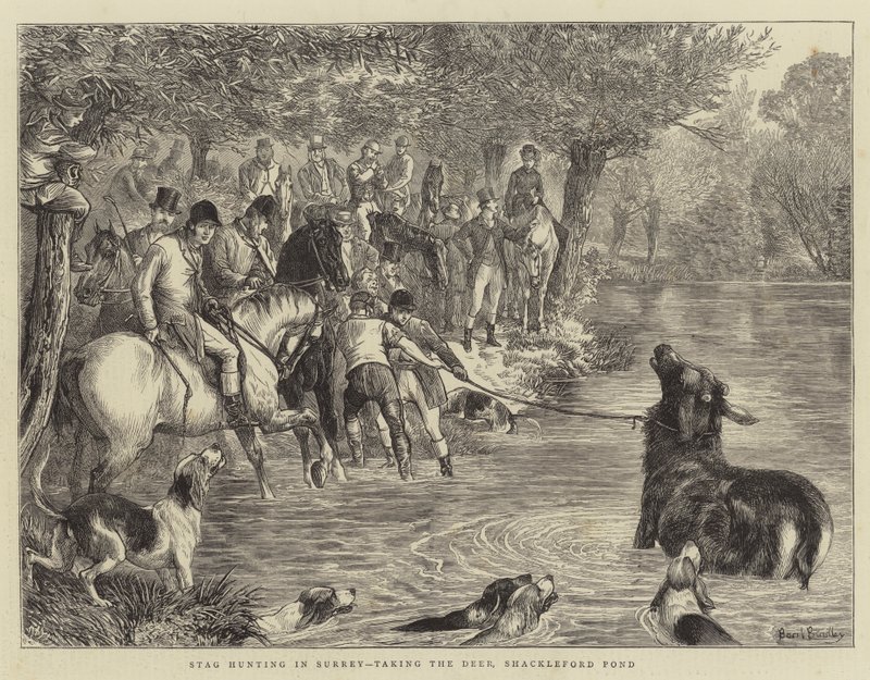 Hertenjacht in Surrey, het vangen van het hert, Shackleford Pond door Basil Bradley