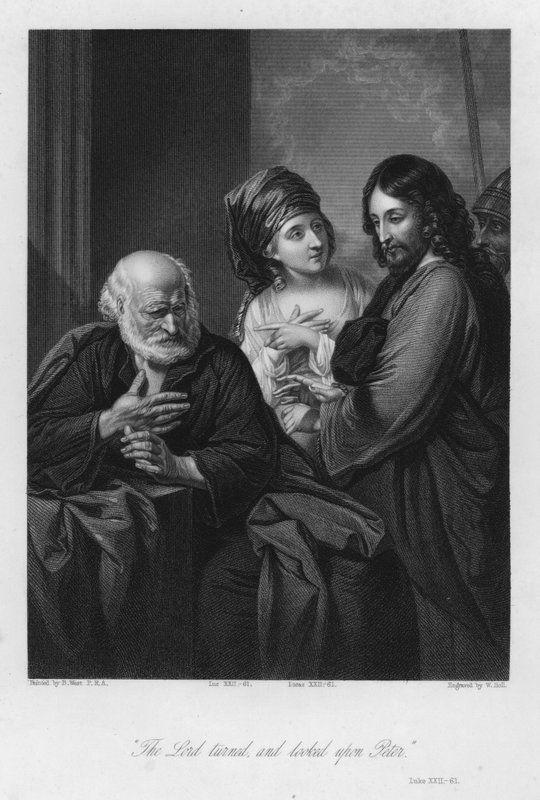Petrus ontkent Christus, Lucas XXII, 61 door Benjamin (after) West
