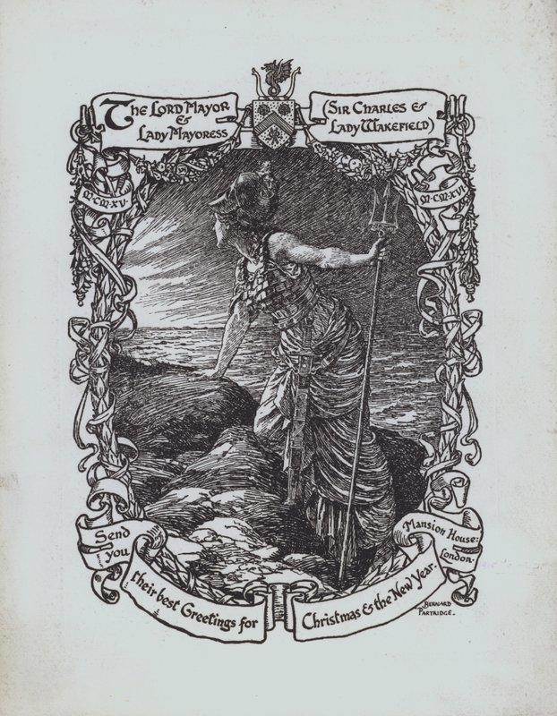 Britannia kijkt uit over zee, kerstgroetkaart uit de Eerste Wereldoorlog van de burgemeester en burgemeestersvrouw van Londen, Sir Charles en Lady Wakefield door Bernard (after) Partridge