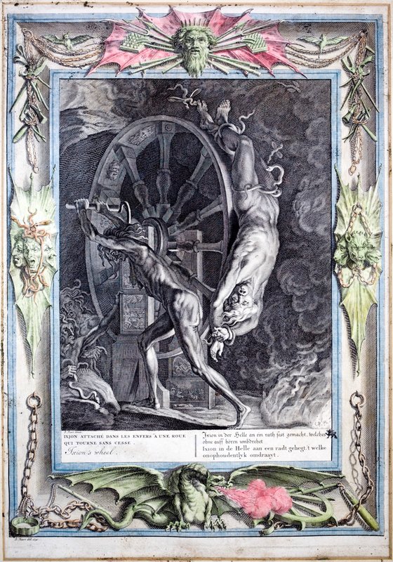 Ixion gebonden aan het eeuwig draaiende vurige wiel door Bernard (after) Picart