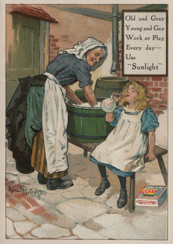 Meisje blaast bellen terwijl haar grootmoeder de was doet: advertentie voor Sunlight zeep door Bernard Partridge