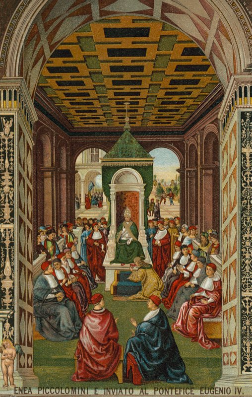 Enea Piccolomini voor paus Eugenius IV door Bernardino di Betto (after) Pinturicchio