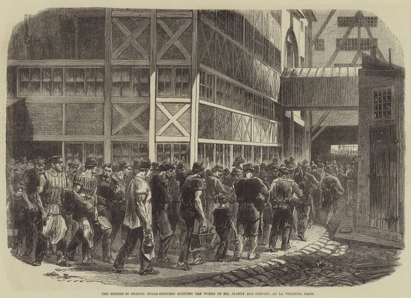De stakingen in Frankrijk, suikerraffinaderijen verlaten de werken van MM Jeanty en Prevost, in La Villette, Parijs door Burn Smeeton