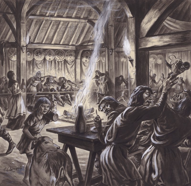 Een feest in een Angelsaksische thegnszaal (gouache op papier) door C.L. Doughty