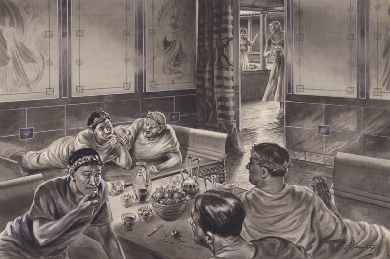 Anglo-Romeinen eten in het triclinium (gouache op papier) door C.L. Doughty