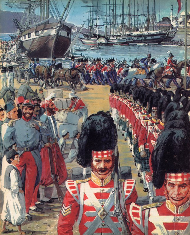 Britse troepen komen aan in Malta op weg naar de Krim (kleurenlitho) door C.L. Doughty