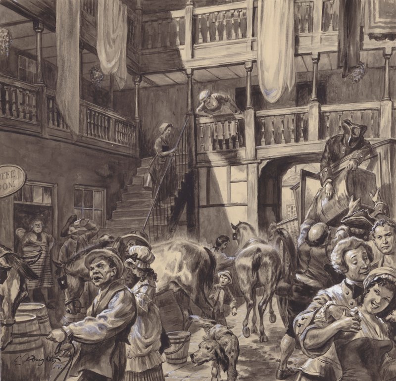 Binnenplaats van een herberg, eind 18e eeuw (gouache op papier) door C.L. Doughty