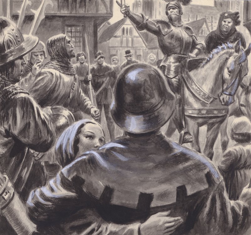 Ruziënde edelen rekruteerden legers onder de werkloze ex-militairen die Engeland binnenstroomden na de Honderdjarige Oorlog in 1453 (gouache op papier) door C.L. Doughty
