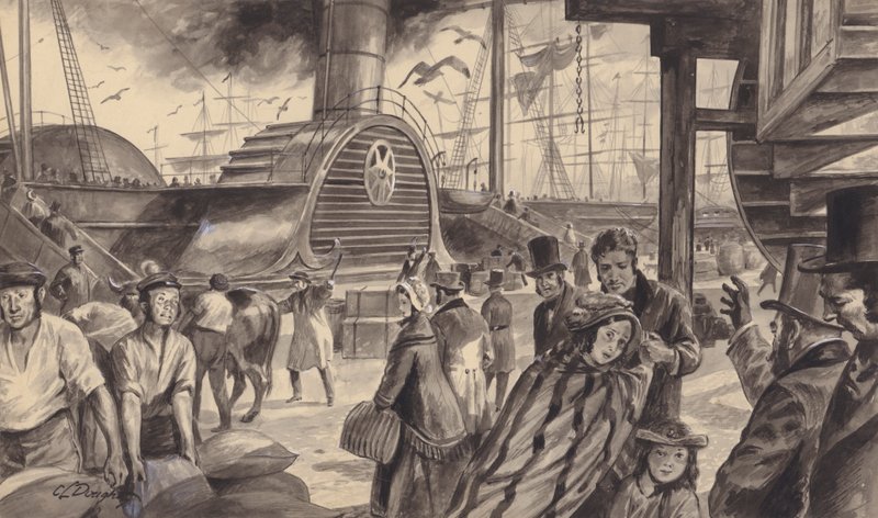 Het stoomschip The Britannia van de Cunard Company, dat in 1840 een tweewekelijkse dienst naar Amerika begon (gouache op papier) door C.L. Doughty