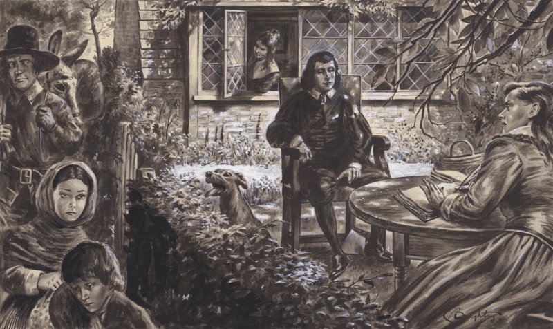De dichter John Milton in zijn tuin, met zijn dochters (gouache op papier) door C.L. Doughty