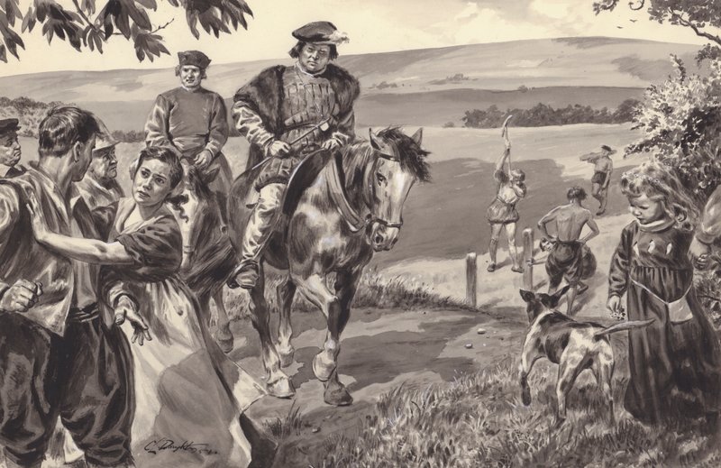Ongeïdentificeerd historisch tafereel, waarschijnlijk met betrekking tot omheiningen (gouache op papier) door C.L. Doughty