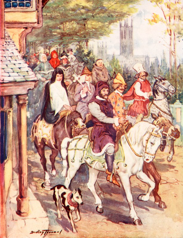 Chaucer rijdt naar Canterbury met de pelgrims door C. Dudley Tennant