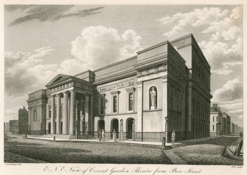 Buitenzicht noordoost van Covent Garden Theatre, Londen, vanaf Bow Street door C. John Mayle Whichelo