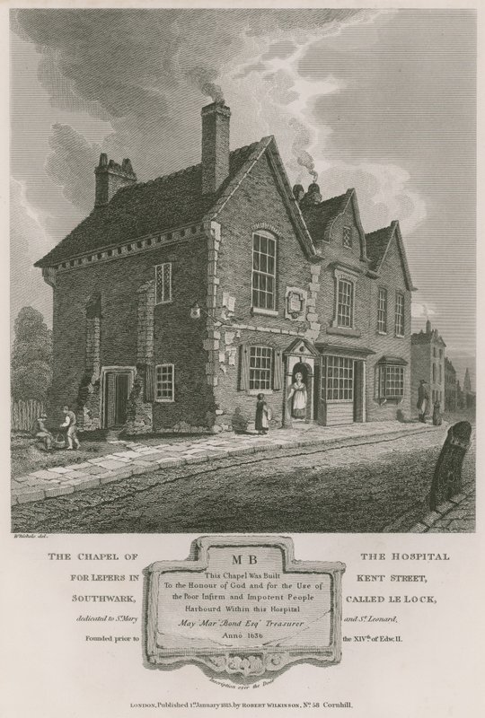 De kapel van het ziekenhuis voor melaatsen in Kent Street, Southwark, genaamd Le Lock door C. John Mayle Whichelo
