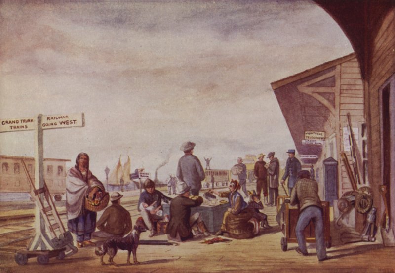 Immigranten op een treinstation, Toronto (kleurenlitho) door Canadian School