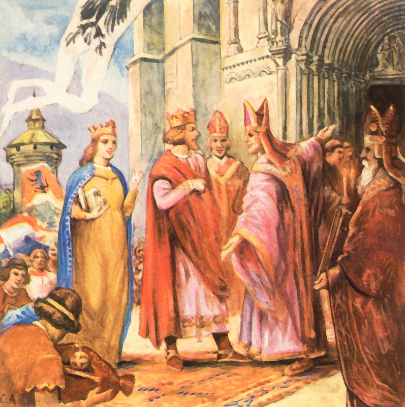 Koning Hendrik II wijdt de kathedraal van Bamberg in (kleurenlitho) door Carl Arriens