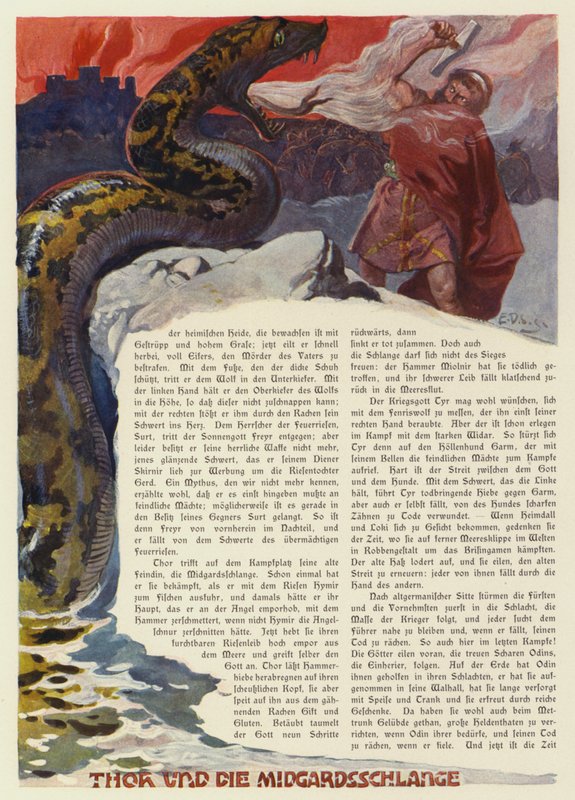 Thor vecht tegen de Midgard-slang in de slag van Ragnarok door Carl Emil Doepler