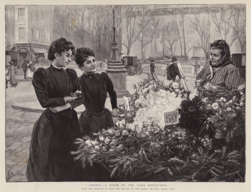 Viooltjes - een scène op de Parijse Boulevards, schilderij in de Champs de Mars salon, Parijs door Carl Ernest von Stetten