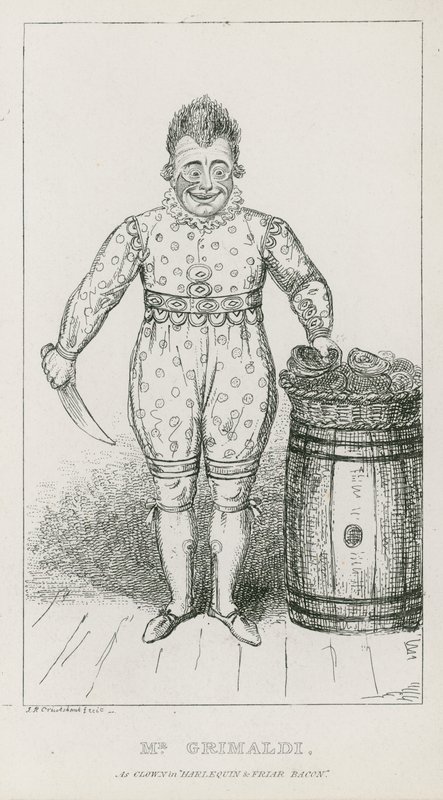 De heer Joseph Grimaldi als clown in Harlequin en Friar Bacon door Carl Georg Adolph Hasenpflug
