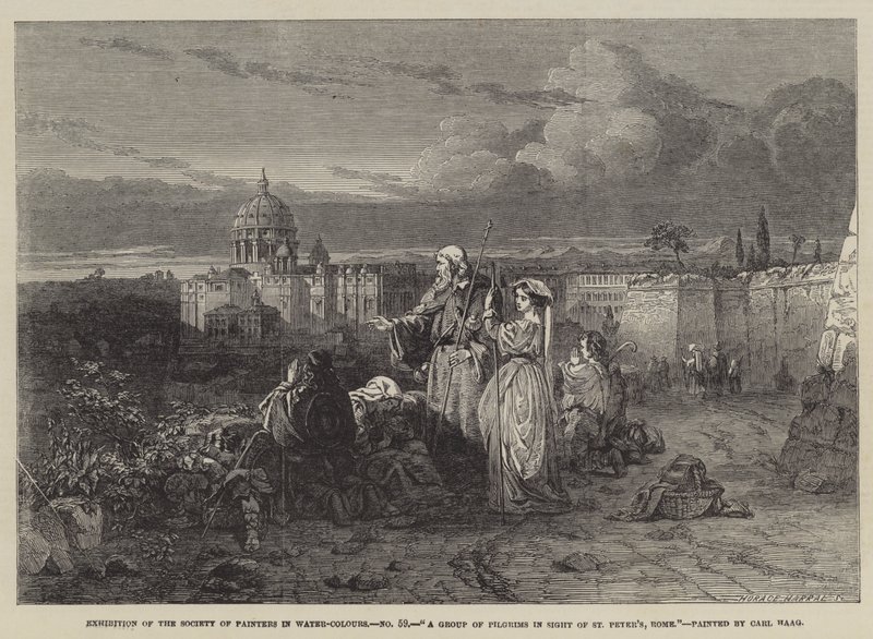 Een groep pelgrims in zicht van St. Pieter, Rome door Carl Haag