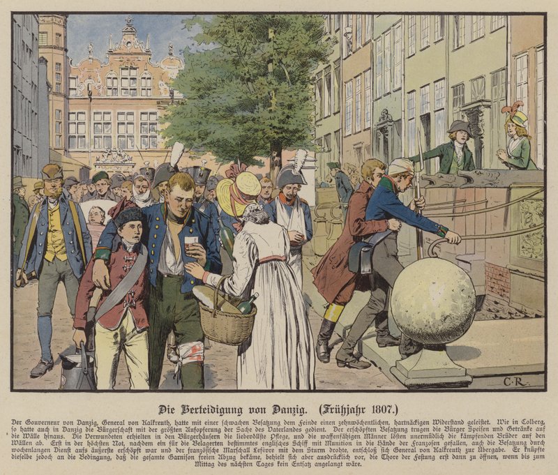 Burgers helpen Pruisische gewonden tijdens de verdediging van Danzig, lente 1807 door Carl Röchling
