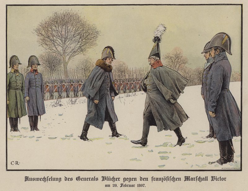 Uitwisseling van gevangen Pruisische en Franse veldmaarschalken Gebhard Blucher en Claude Victor-Perrin, 20 februari 1807 door Carl Röchling