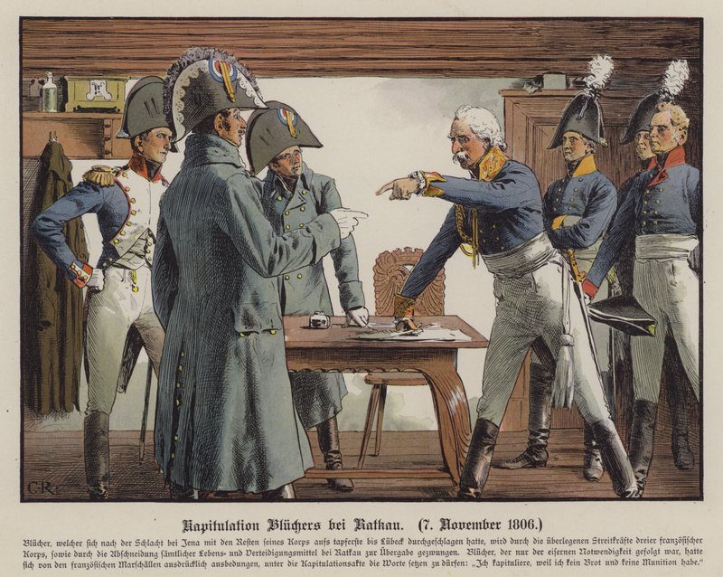 Veldmaarschalk Blucher geeft zich over aan de Fransen bij Katekau, 7 november 1806 door Carl Röchling