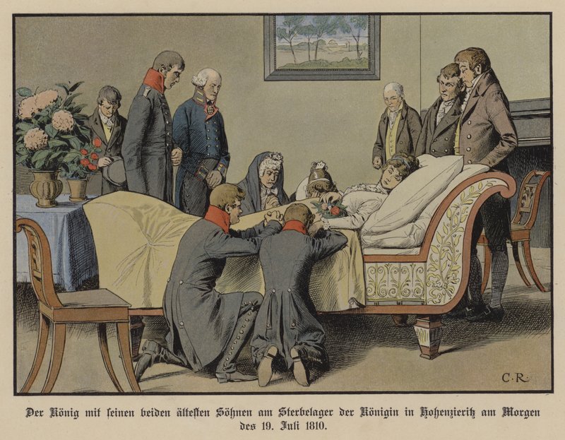 Koning Frederik Willem III van Pruisen en zijn twee oudste zonen naast het sterfbed van koningin Louise op de ochtend van 19 juli 1810 door Carl Röchling