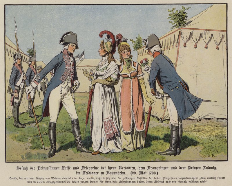Prinsessen Louise en Frederica van Mecklenburg-Strelitz bezoeken hun verloofden, Kroonprins Frederik Willem van Pruisen en Prins Ludwig van Hannover in het militaire kamp van Bodenheim, 20 mei 1793 door Carl Röchling