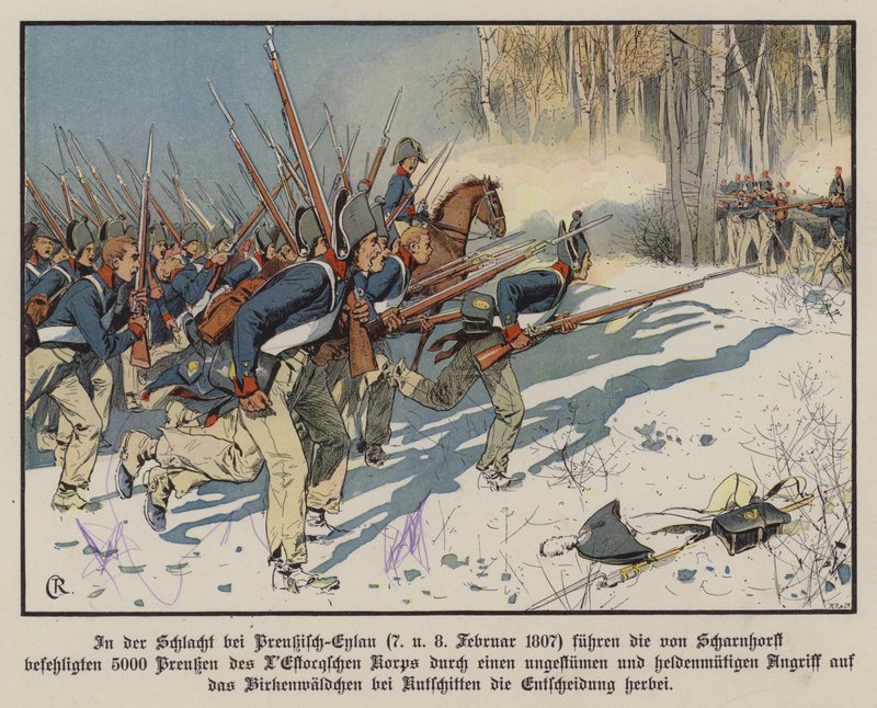 Pruisische infanterie valt aan bij de Slag bij Eylau, 7-8 februari 1807 door Carl Röchling