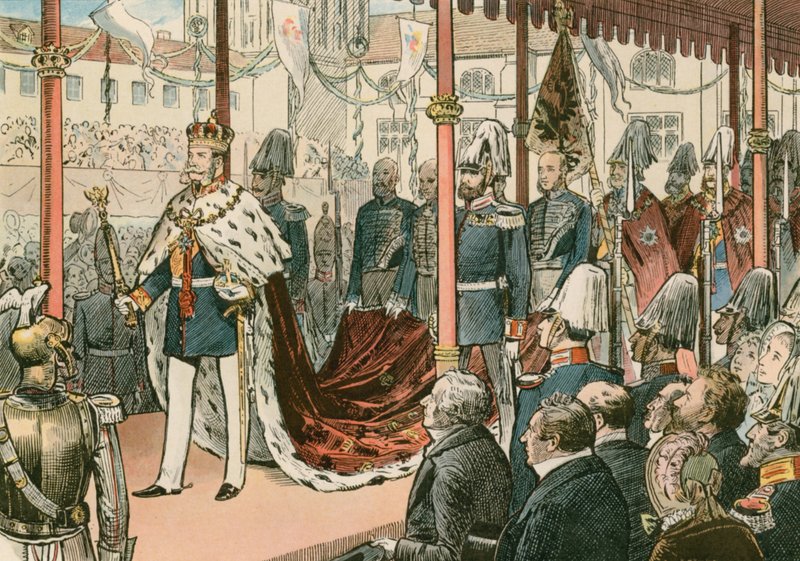 De kroning van Wilhelm I, koning van Pruisen en eerste Duitse keizer (1797-1888), in Konigsberg in 1861 door Carl Rohling