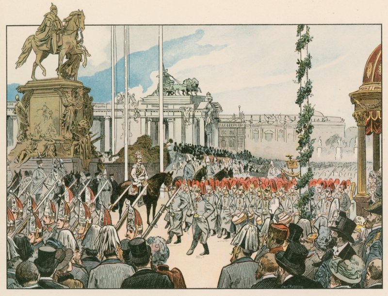Wilhelm II, Duitse Keizer en Koning van Pruisen (1859-1941), bij de inwijding van het nationale monument in Berlijn in 1897 door Carl Rohling