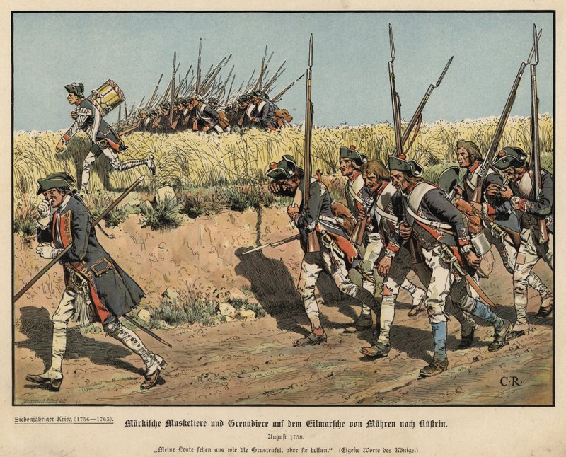 Pruisische musketiers en grenadiers op mars van Mahren naar Kustrin door Carl Röchling