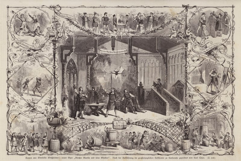 Scènes uit de opera Meister Martin und Seine Gesellen van de Duitse componist Wendelin Weissheimer, uitgevoerd in het Grossherzoglichen Hoftheater, Karlsruhe, Duitsland door Carl Thiel