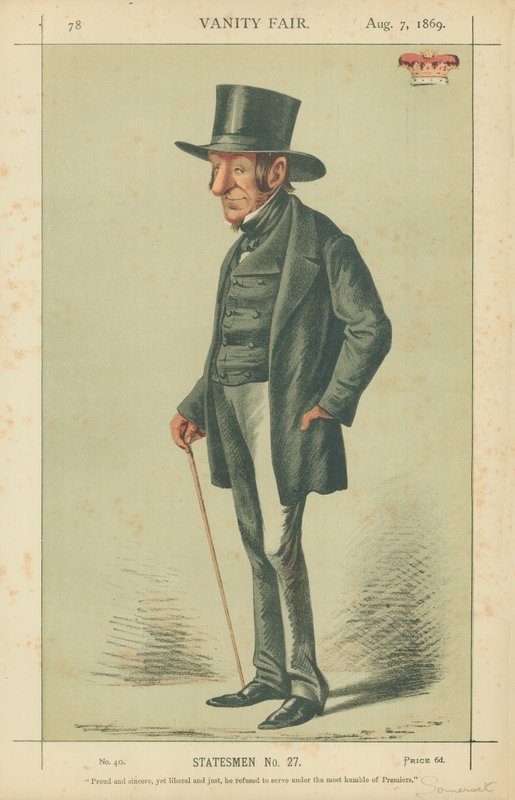 De hertog van Somerset, trots en oprecht maar toch liberaal en rechtvaardig, weigerde hij te dienen onder deze meest nederige premiers, 7 augustus 1869, Vanity Fair cartoon door Carlo Pellegrini