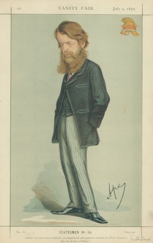 De Hertog van Sutherland, eenvoudig en bescheiden zelf, maar groots en genereus tegenover zijn medemensen, hij de ware Prins der Hertogen, 9 juli 1870, Vanity Fair cartoon door Carlo Pellegrini