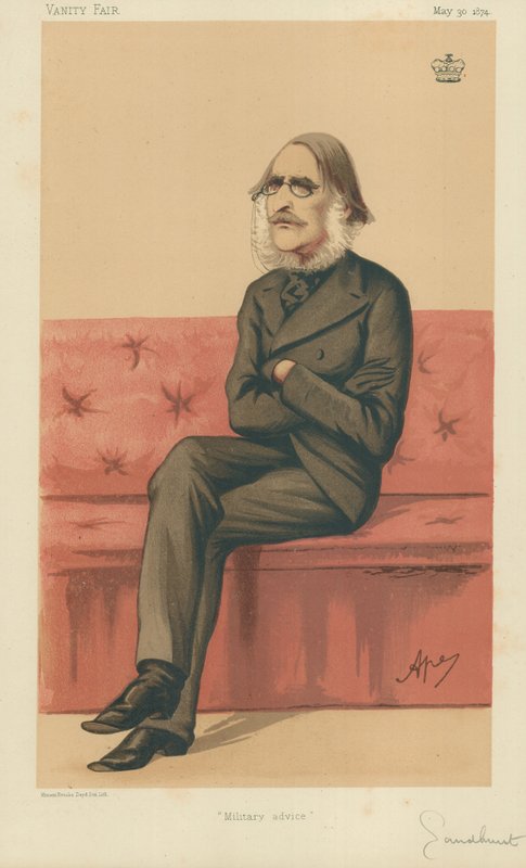 De Rechtse Eerwaarde Lord Sandhurst, Militair advies, 30 mei 1874, Vanity Fair cartoon door Carlo Pellegrini