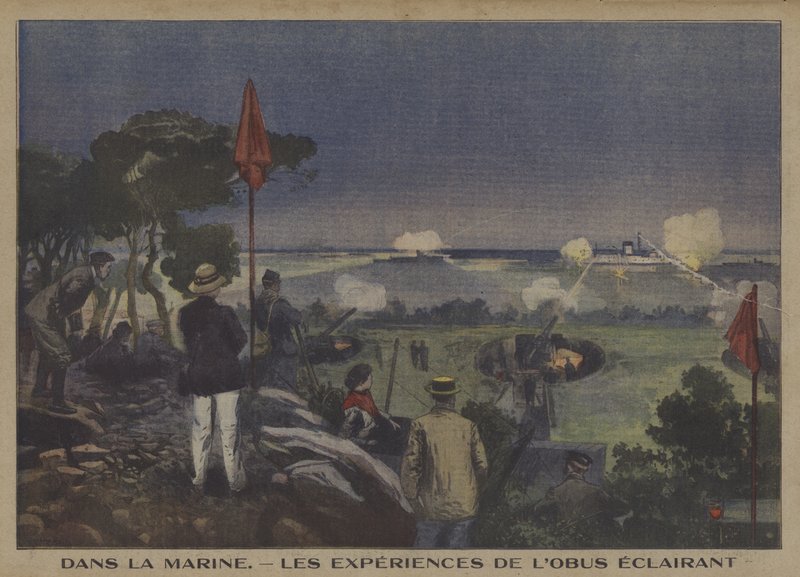 Oefening van de Franse marine in het afvuren van verlichtingsgranaten door Carrey