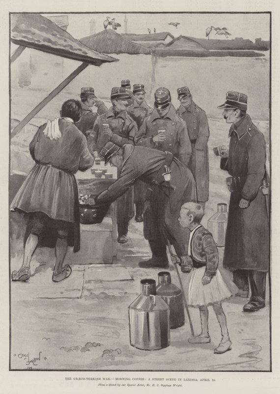 De Grieks-Turkse oorlog, ochtendkoffie, een straattafereel in Larissa, 19 april door Cecil Charles Windsor Aldin