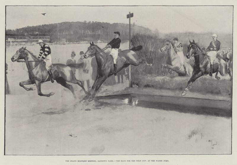 De Grote Militaire Bijeenkomst, Sandown Park, de Wedstrijd om de Gouden Beker, bij de Water Sprong door Cecil Charles Windsor Aldin
