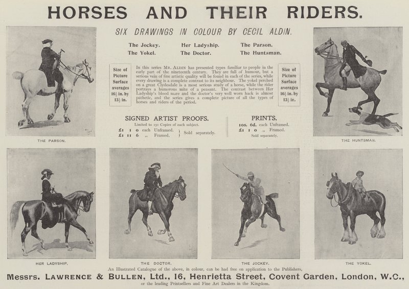 Advertentie, paarden en hun ruiters door Cecil Charles Windsor Aldin