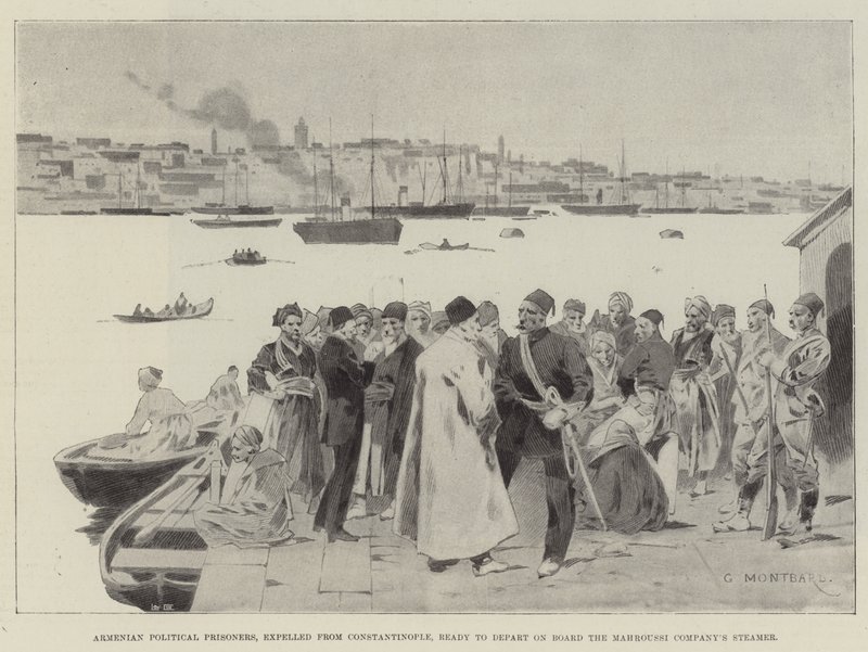 Armeense politieke gevangenen, verbannen uit Constantinopel, klaar om te vertrekken aan boord van de Mahroussi Company Steamer door Charles Auguste Loye