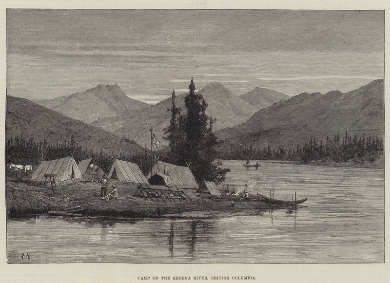 Kamp aan de Skeena-rivier, Brits-Columbia door Charles Auguste Loye