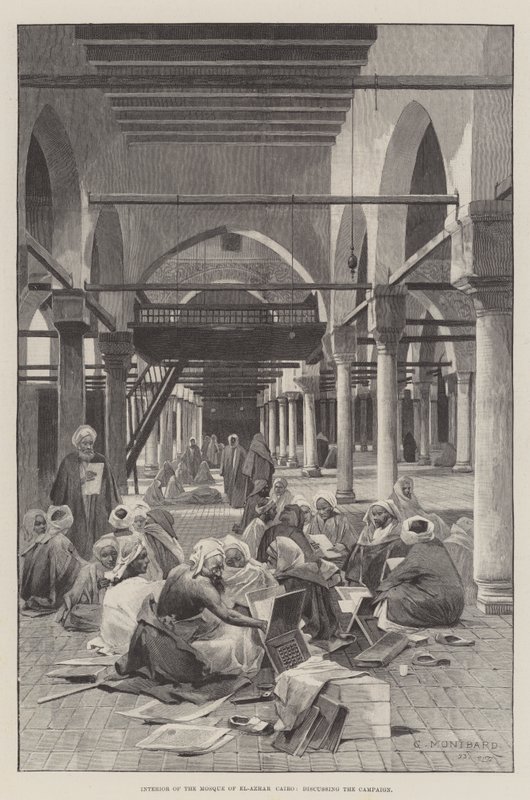 Interieur van de Moskee van El-Azhar, Caïro, bespreking van de campagne door Charles Auguste Loye