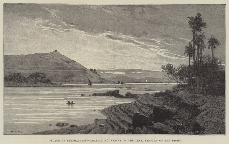 Eiland van Elephantine, Arabische Bergen aan de Linkerkant, Assouan aan de Rechterkant door Charles Auguste Loye