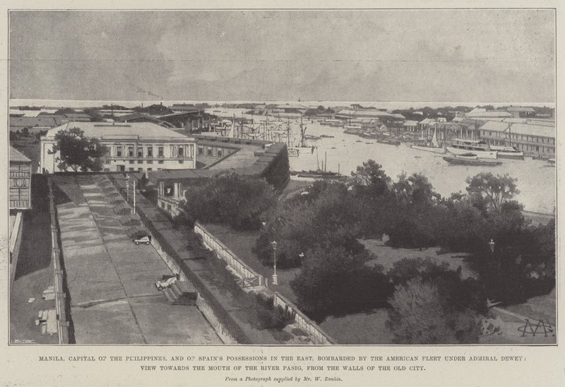Manilla, hoofdstad van de Filippijnen en van de Spaanse bezittingen in het Oosten, gebombardeerd door de Amerikaanse vloot onder admiraal Dewey, uitzicht naar de monding van de rivier Pasig, vanaf de muren van de oude stad door Charles Auguste Loye