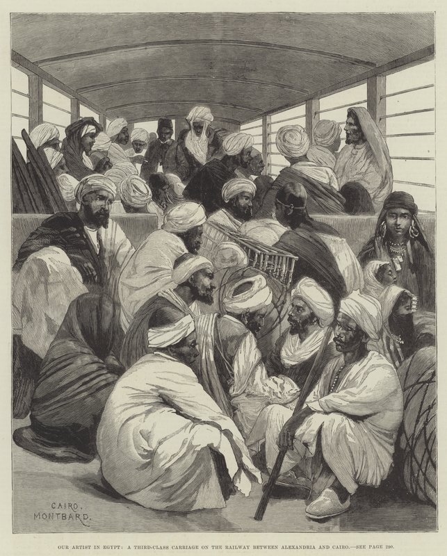 Onze kunstenaar in Egypte, een derde klas rijtuig op de spoorweg tussen Alexandrië en Caïro door Charles Auguste Loye