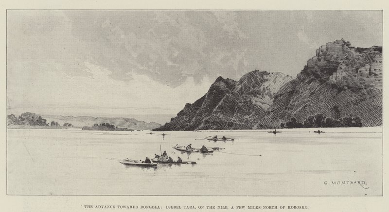 De opmars naar Dongola, Djebel Tara, aan de Nijl, een paar mijl ten noorden van Korosko door Charles Auguste Loye